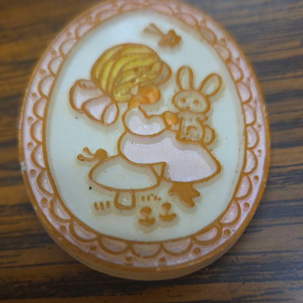 Vintage Hallmark Girl Holding Bunny Rabbit on Mushrooms Lapel Pin Plastic